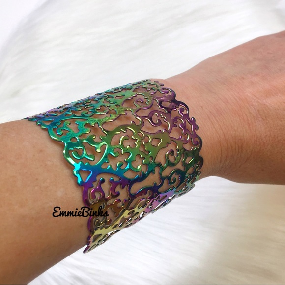 New Hollowed Out Scroll Metal Oil Slick Holographic Cuff Bracelet - Picture 14 of 16